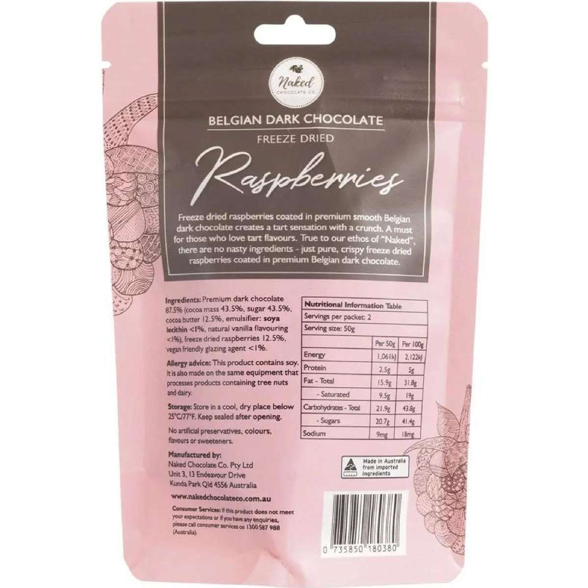 Naked Chocolate Co Freeze Dried Raspberries Dark Choc 100g
