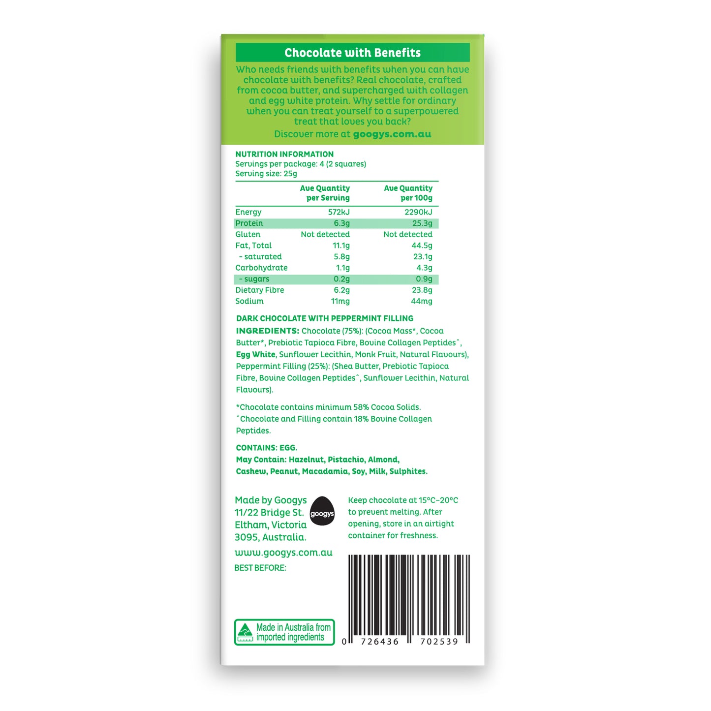 Googys Peppermint Protein Chocolate 100g back of pack