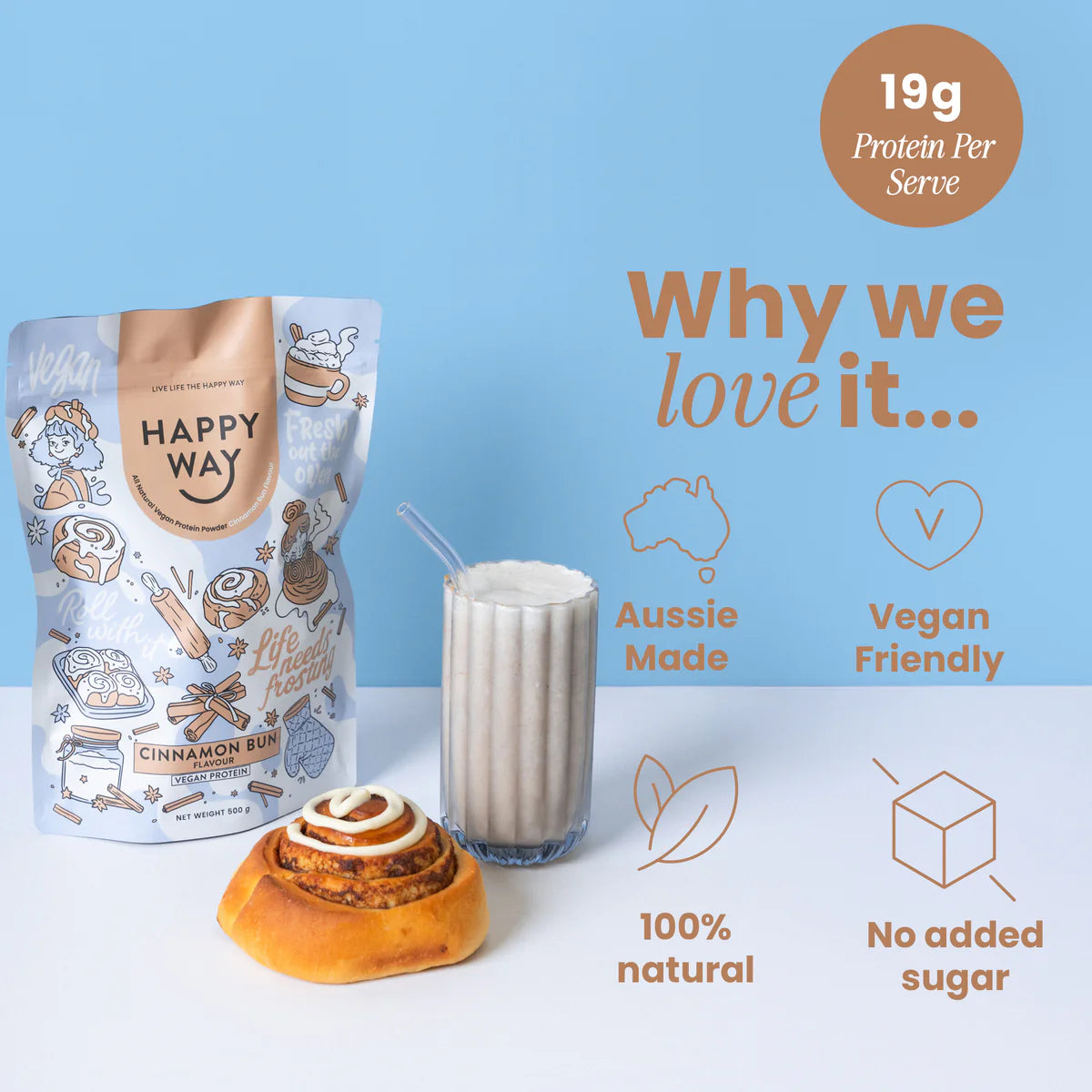 Happy Way Whey Protein Powder Cinnamon Bun 500g