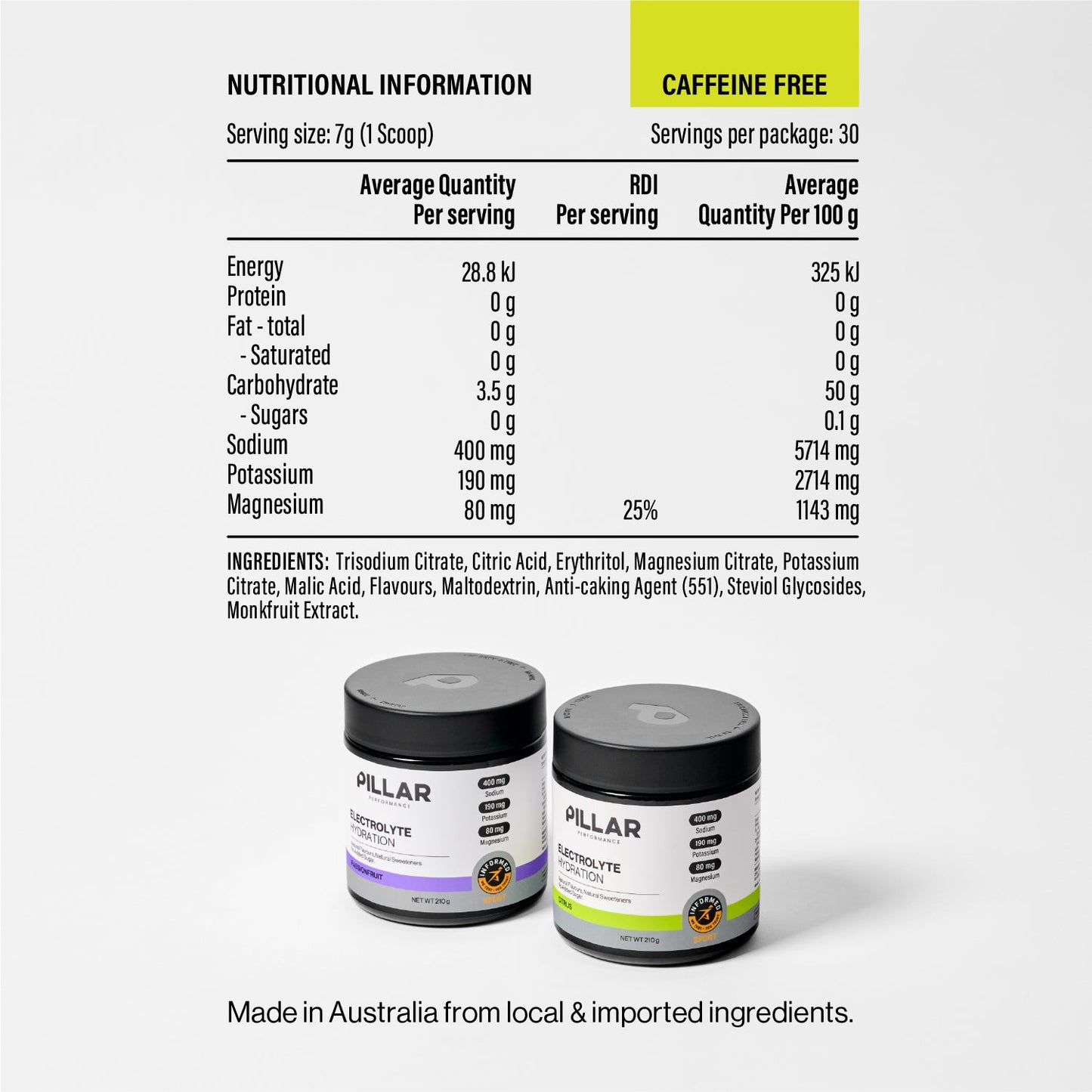 Electrolyte Hydration Citrus nutritional information panel and ingredients
