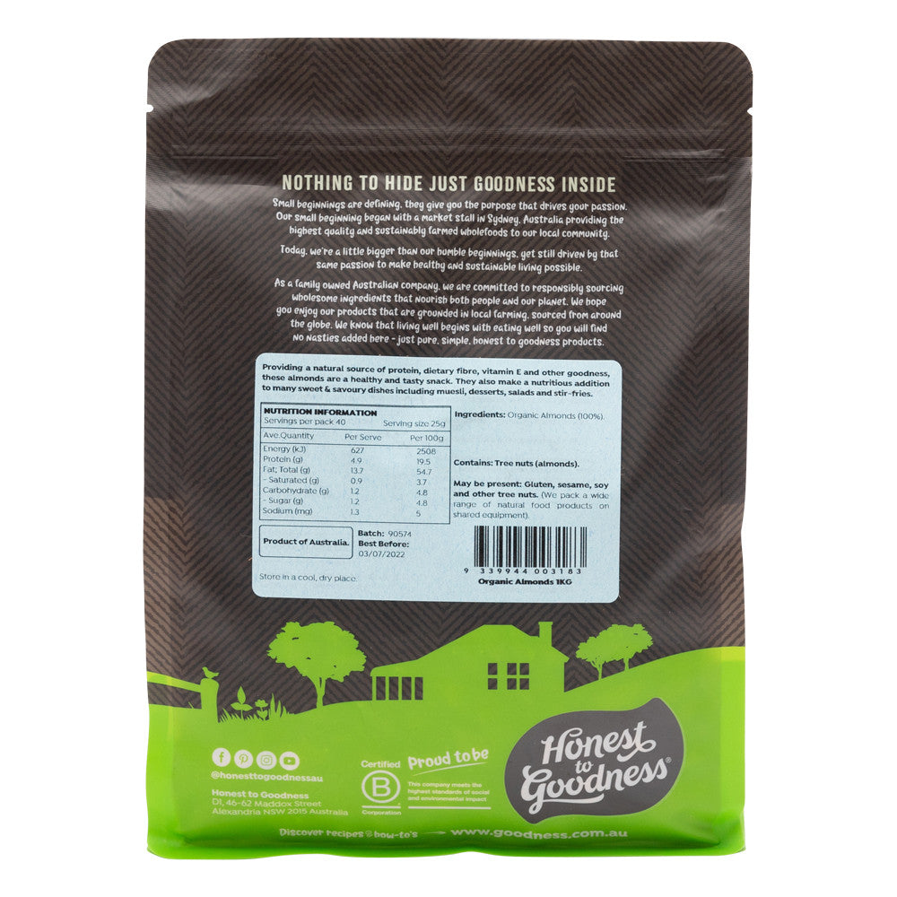 Honest to Goodness Organic Almonds 1KG nutrition panel