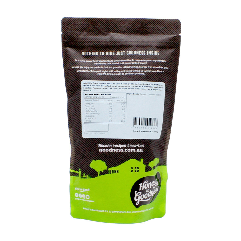 Honest to Goodness Organic Flaxseed Meal 500g nutrition panel