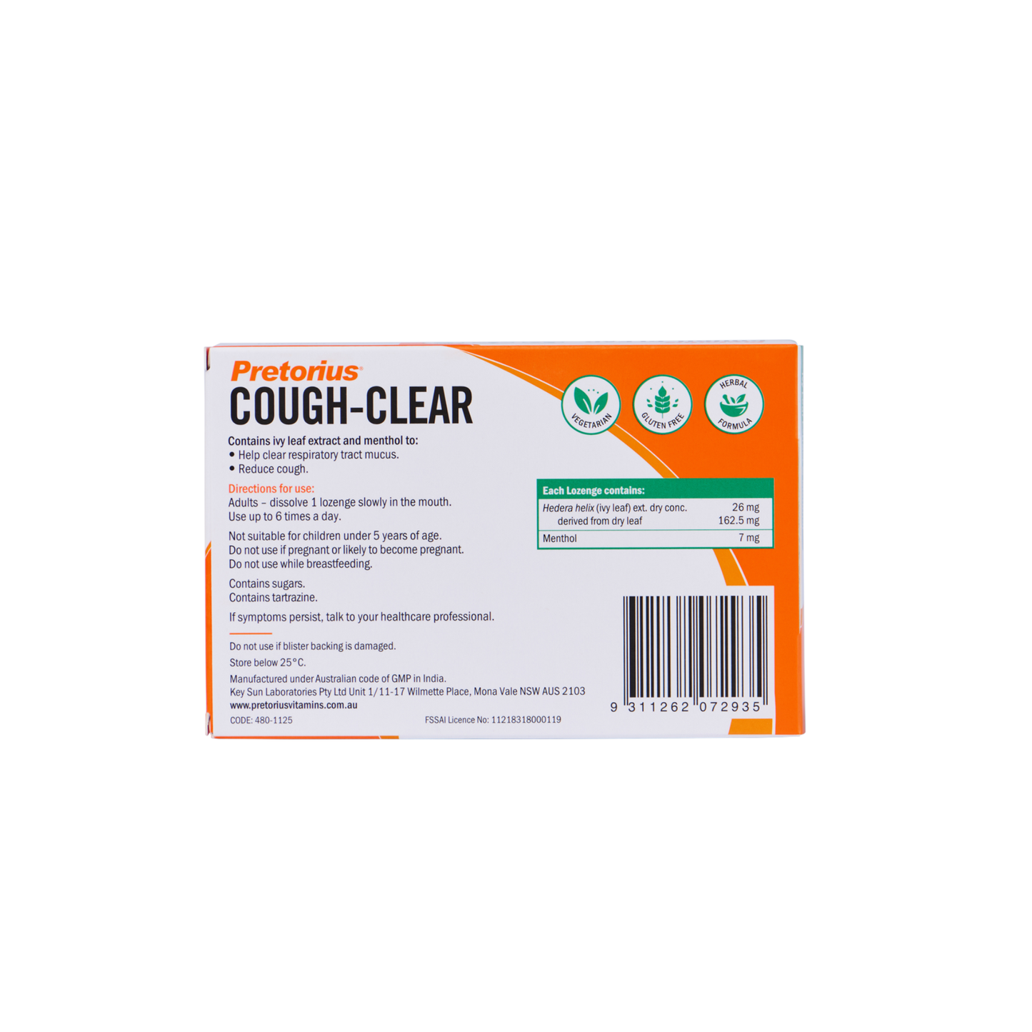 Pretorius Cough Clear Ivy Leaf and Menthol Lozenges back of pack