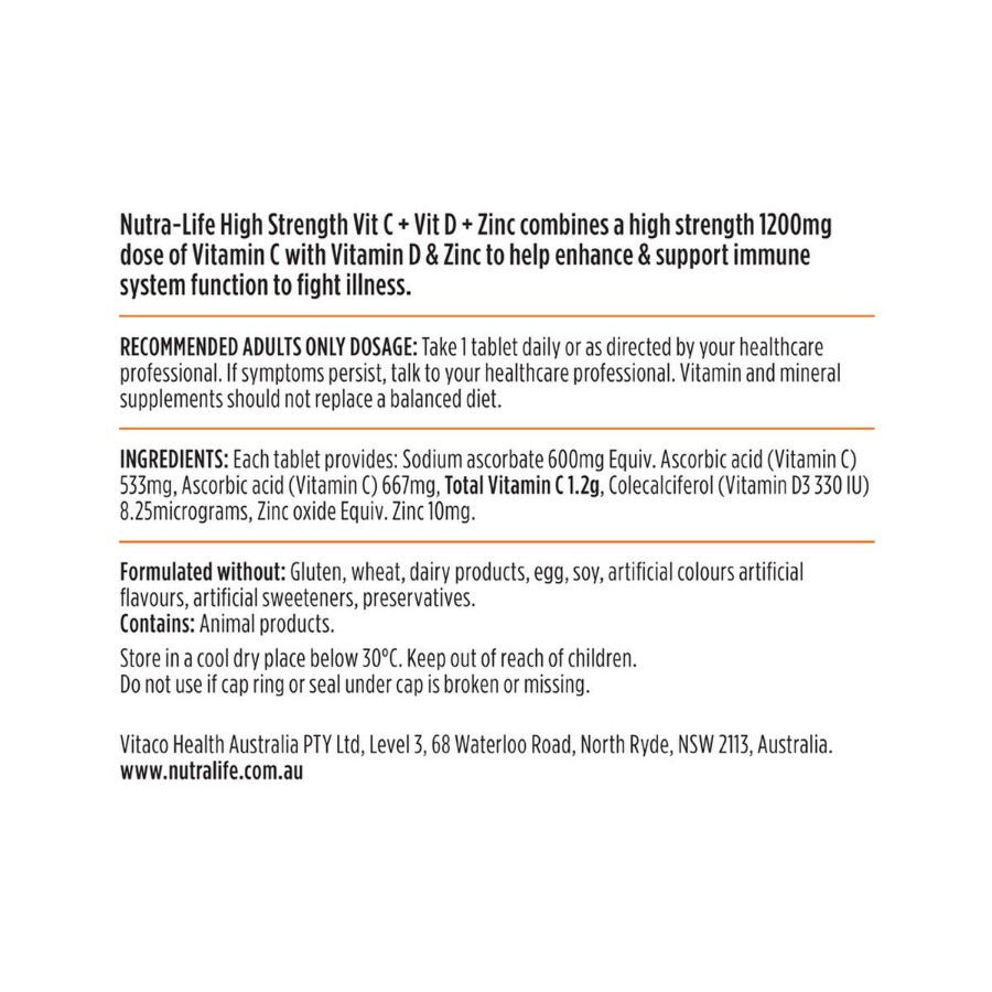 NutraLife High Strength Vit C + Vit D + Zinc 120t