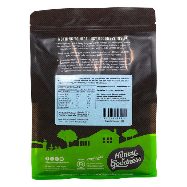 Honest to Goodness Organic Cashews 1KG
