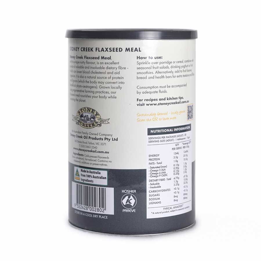 Stoney Creek Australian Flaxseed Meal 500g tin, back label with nutritional information and ingredients