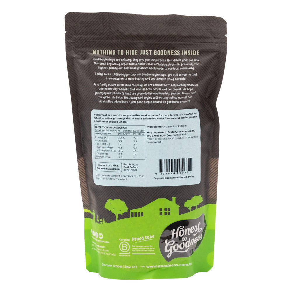 Honest to Goodness Organic Hulled Buckwheat 500g back with nutrition panel