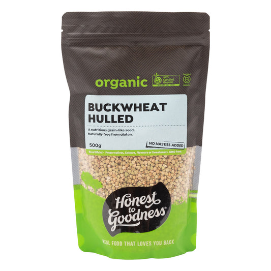 Honest to Goodness Organic Hulled Buckwheat 500g front