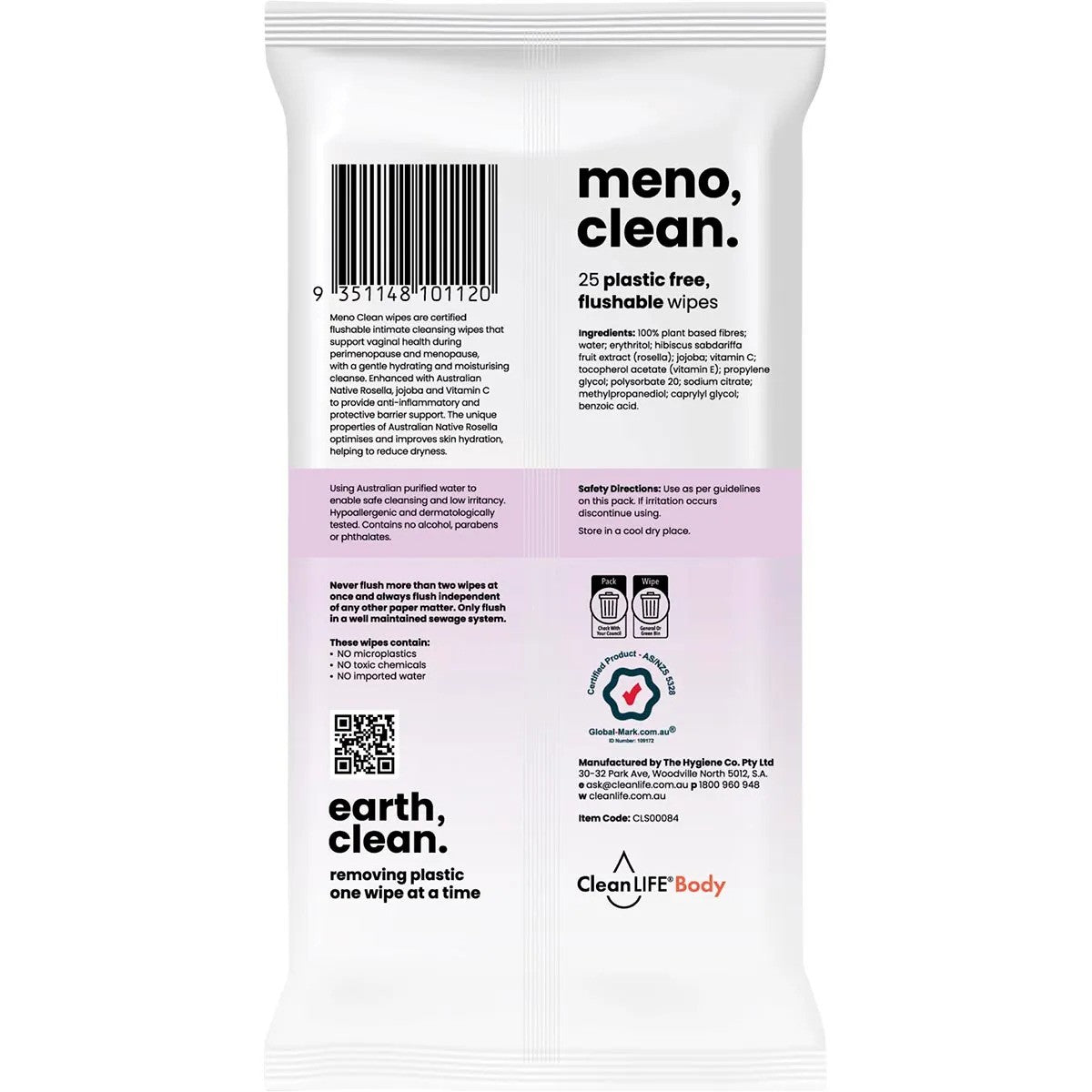 CleanLife Meno Clean Wipes Flushable Plastic Free Wipes 25pk