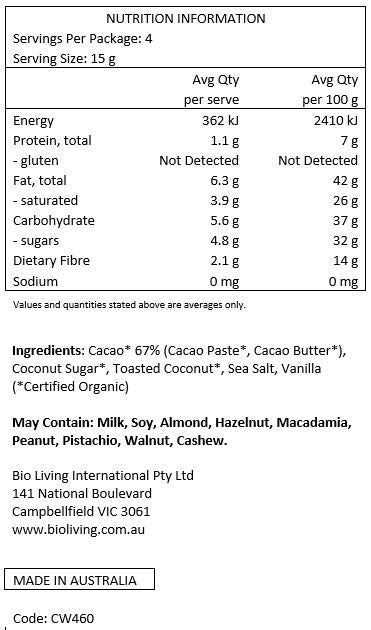Chow Cacao Dark Chocolate Block Toasted Coconut 60g