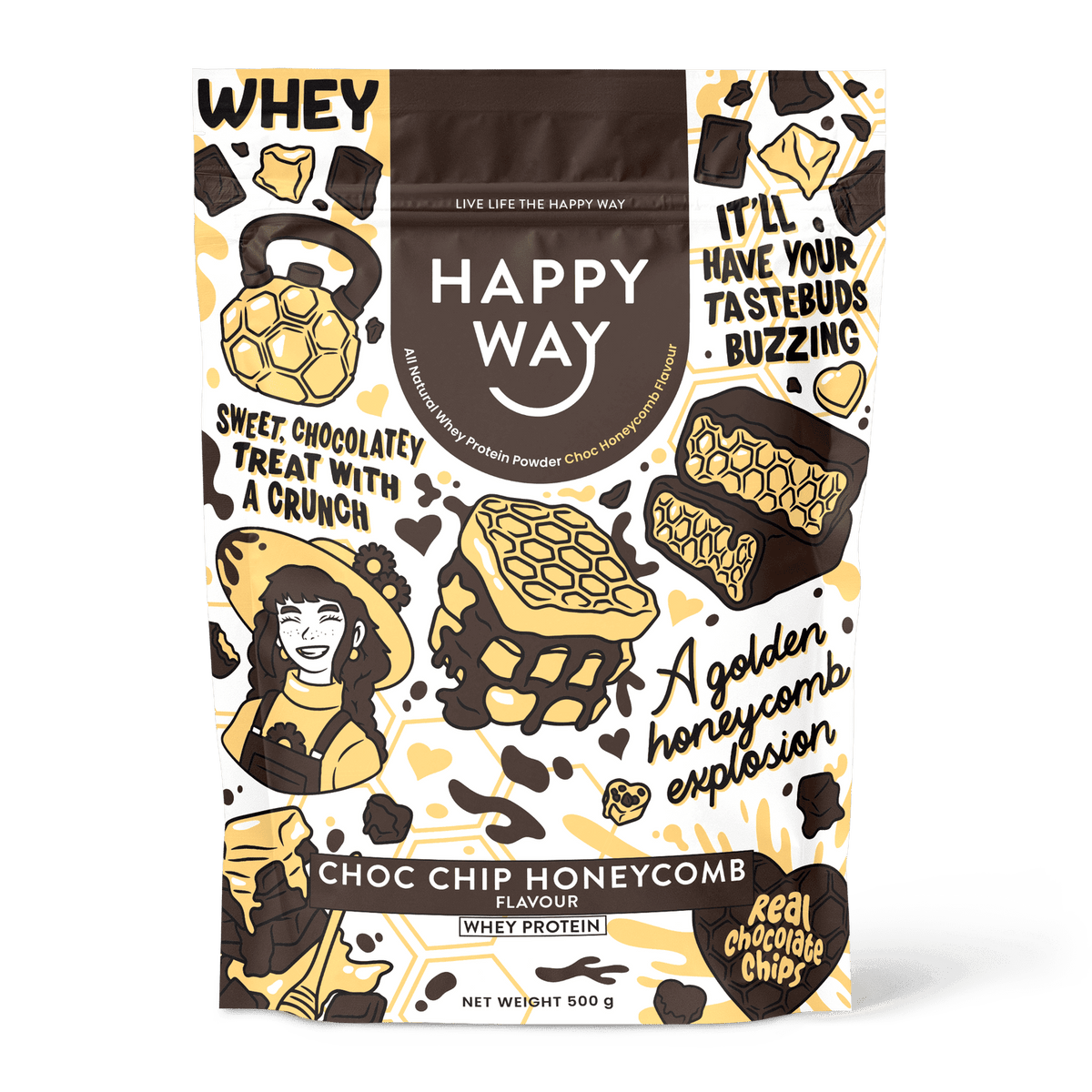 Happy Way Whey Protein Powder Choc Chip Honeycomb 500g