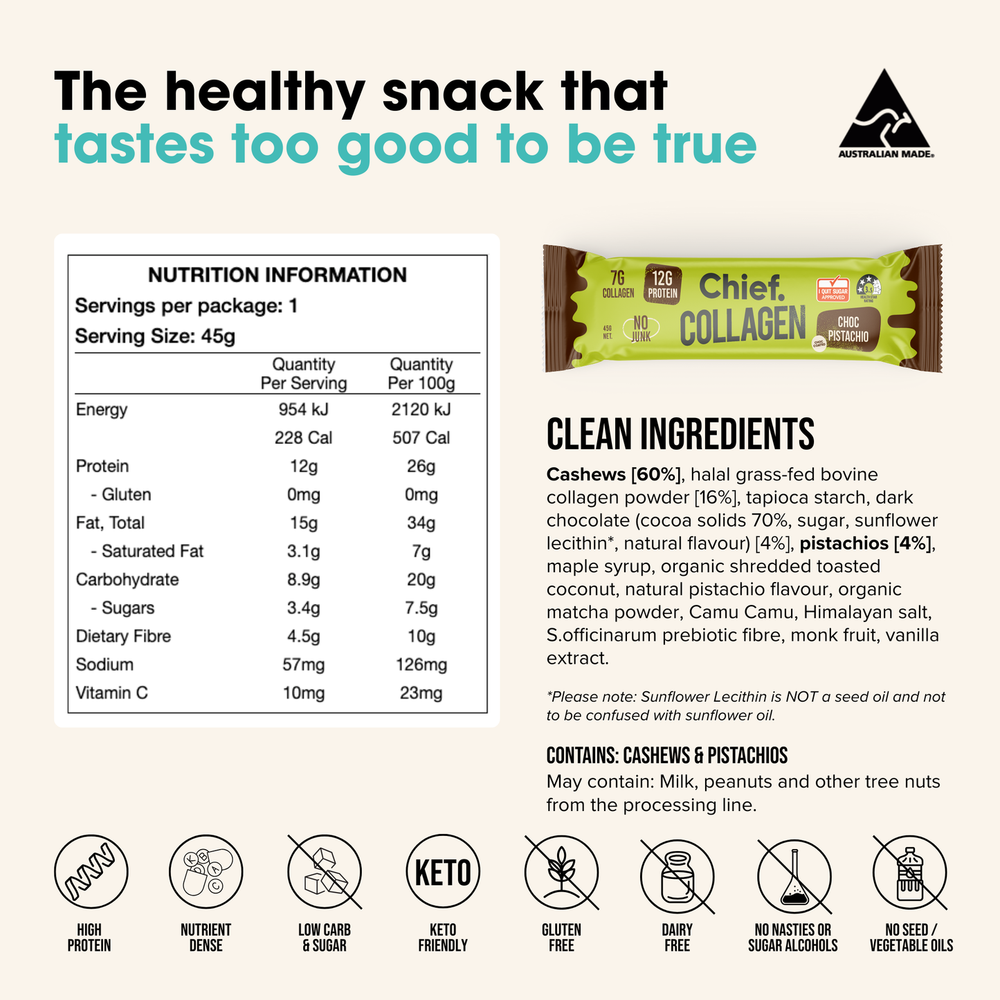 Chief Choc Pistachio Collagen Protein Bar nutrition information panel