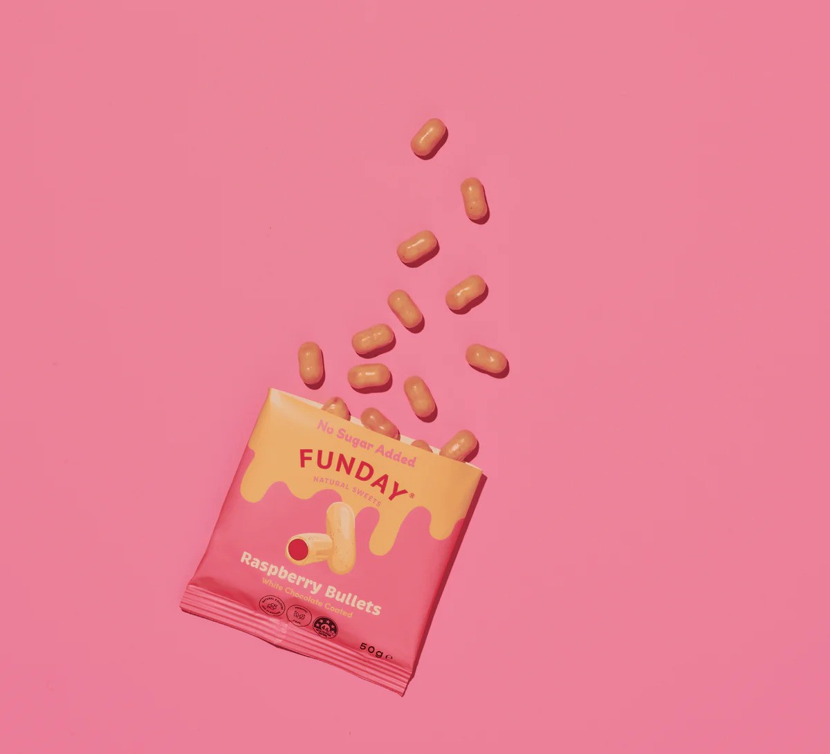 Funday Natural Sweets White Chocolate Raspberry Bullets 50g