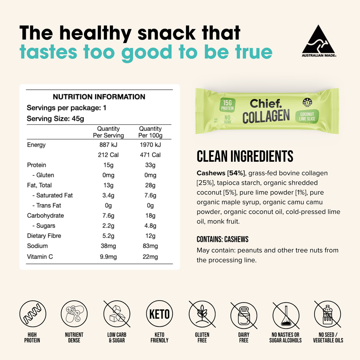 Chief Collagen Protein Bar Coconut Lime Slice nutrition information and ingredients