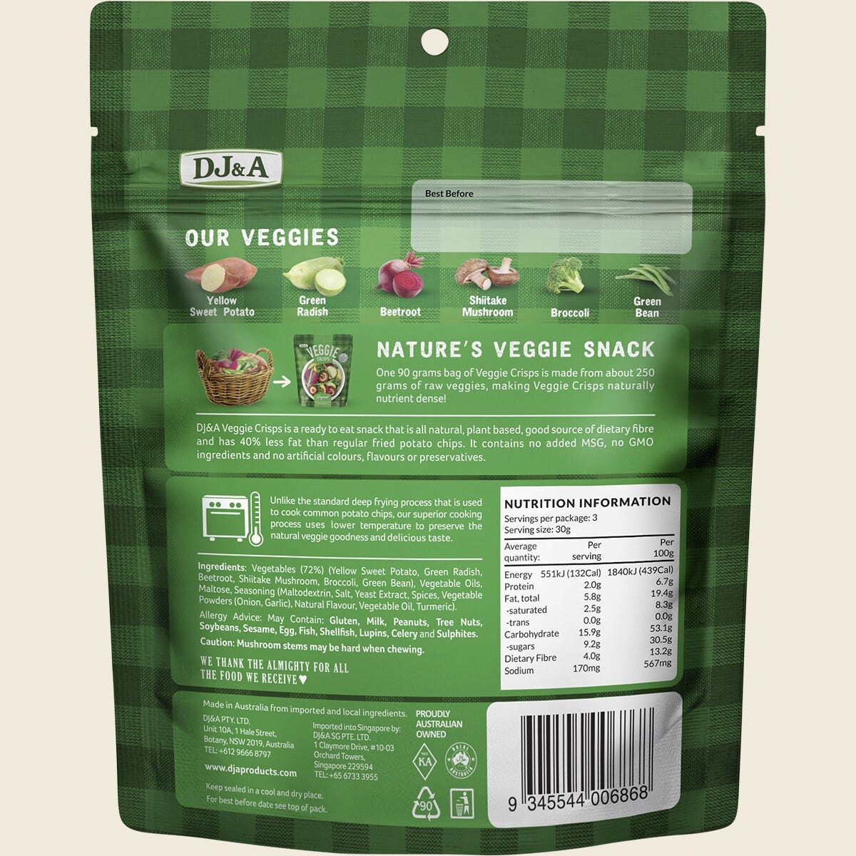 DJ&A Veggie Crisps Original 90g nutrition and ingredients