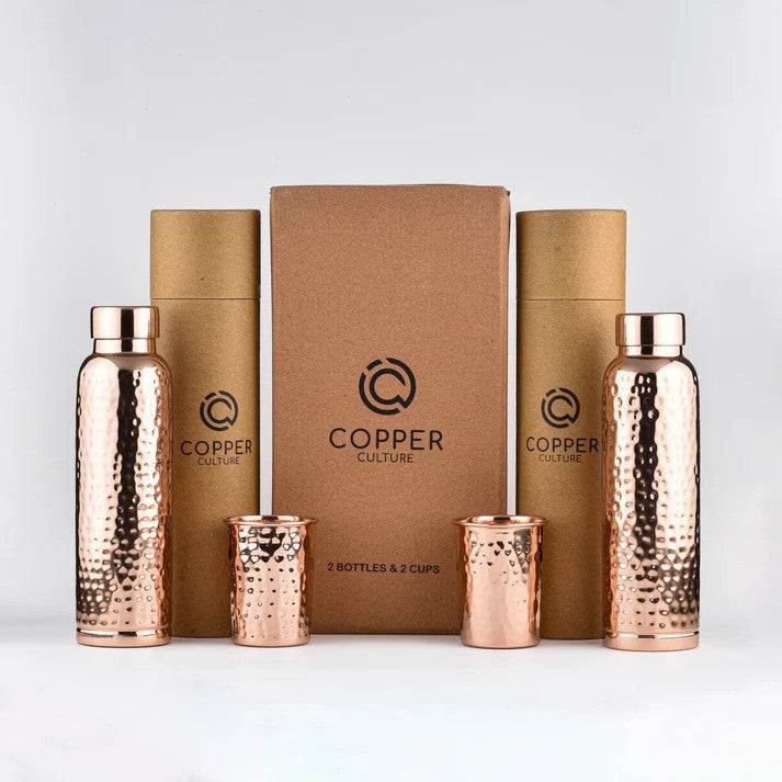 Copper Culture Hammered Copper Gift Set - 2 Bottles & 2 Mugs