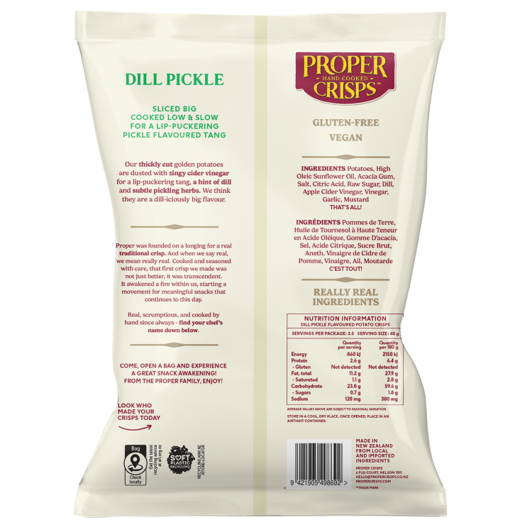 Proper Crisps Dill Pickle and Apple Cider Vinegar 140g back of pack