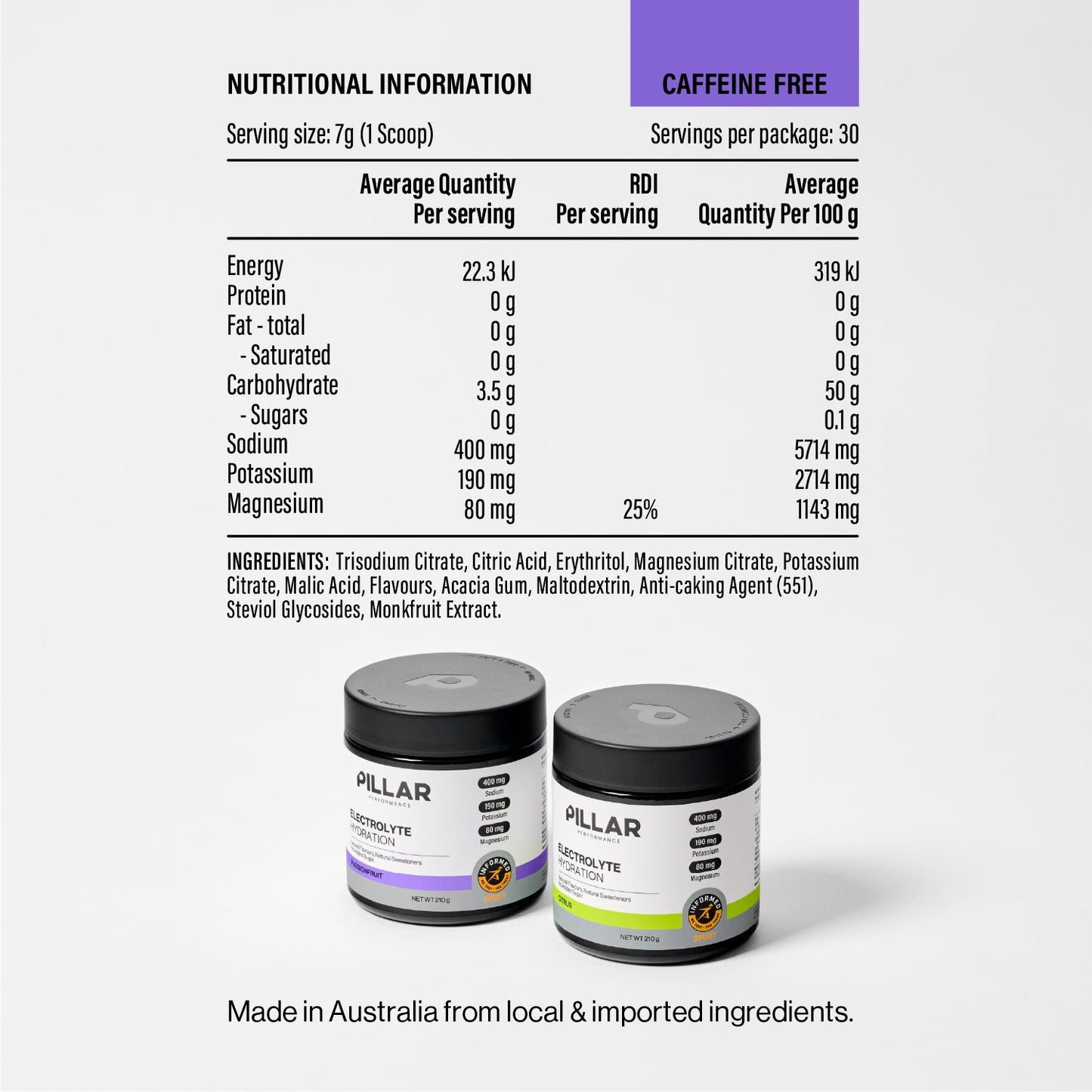 Electrolyte Hydration Passionfruit nutritional information panel and ingredients