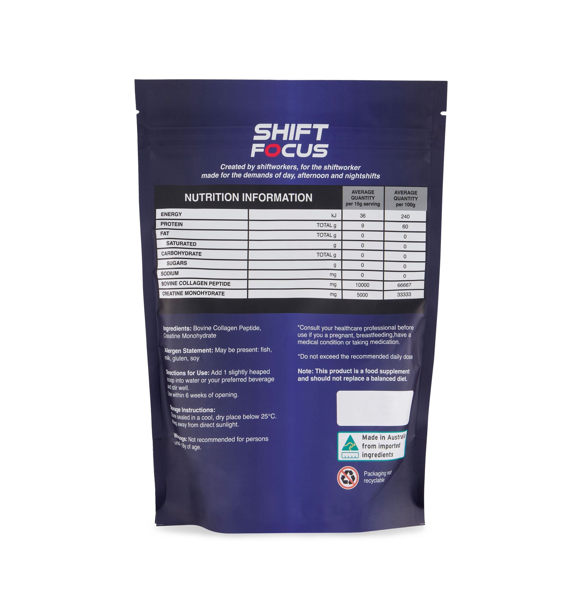 Shift Focus Fuel & Repair nutrition and ingredient panel