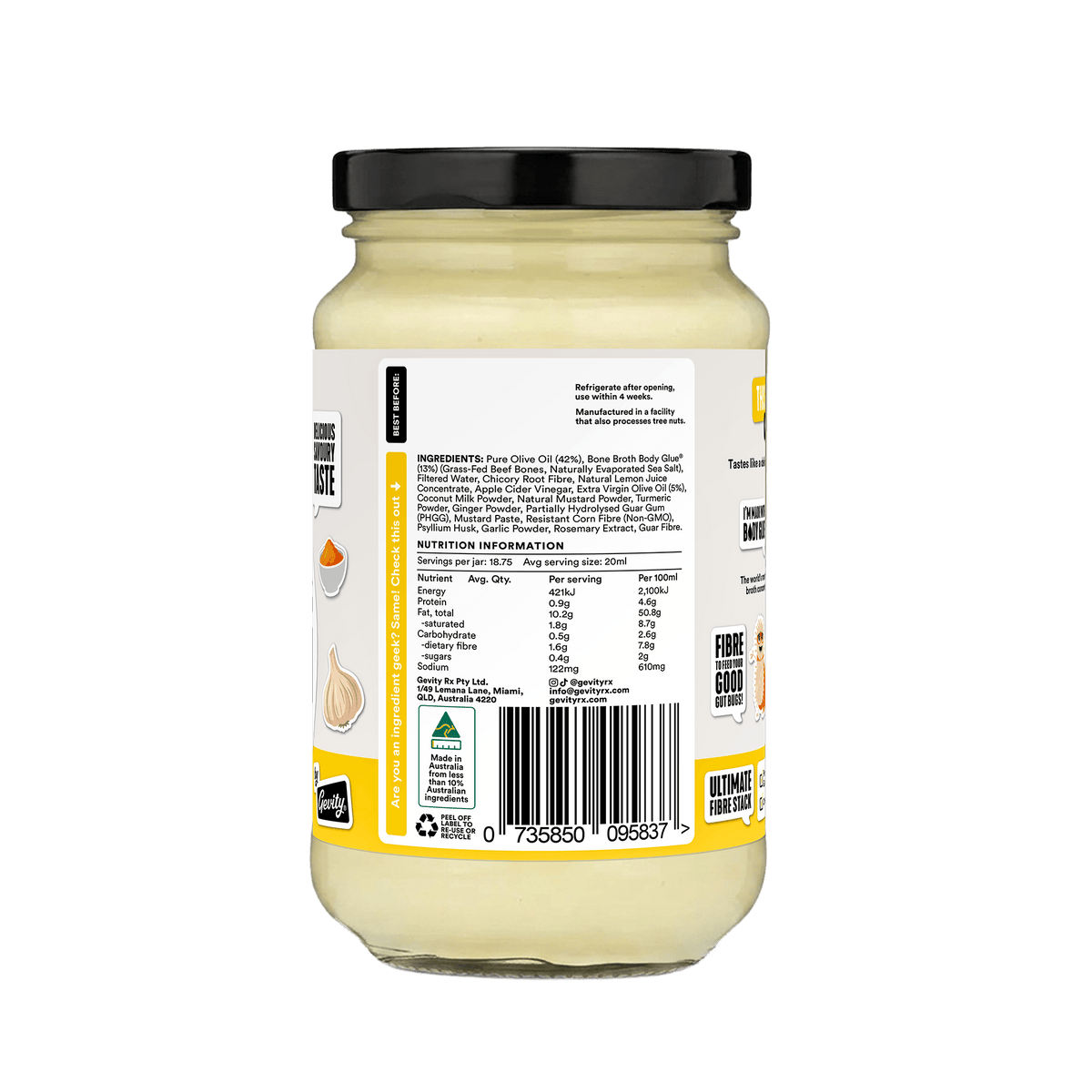 Gevity Rx Great Guts Mayo Turmeric 375ml jar back label
