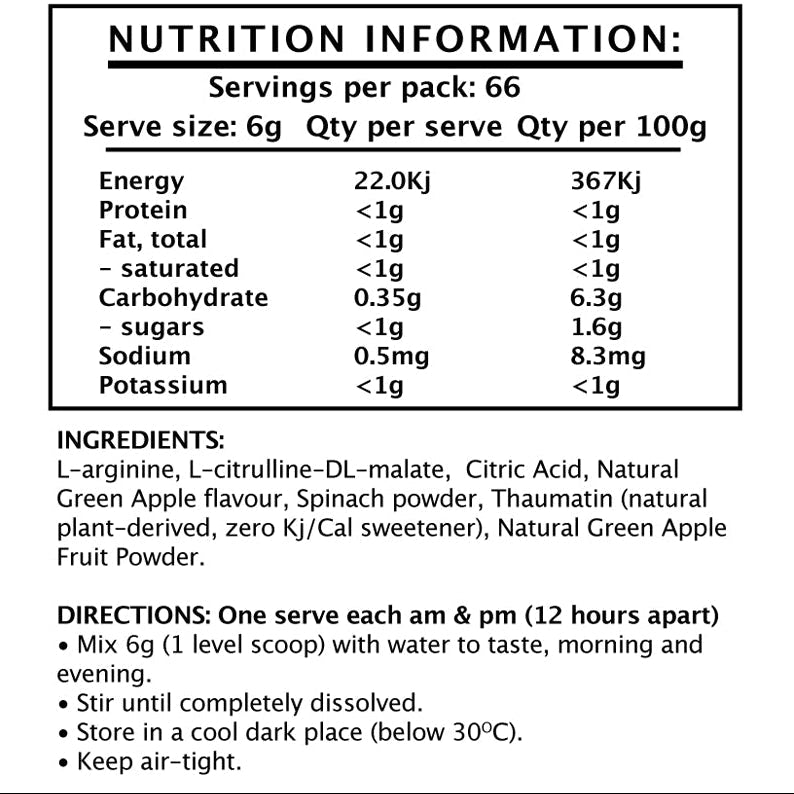 Niox Health Nitric Oxide Infusion ingredient panel
