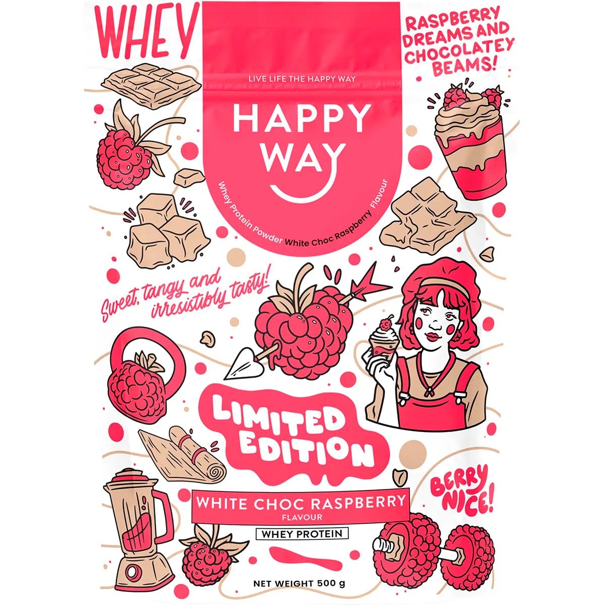 Happy Way Whey Protein Powder White Choc Raspberry 500g