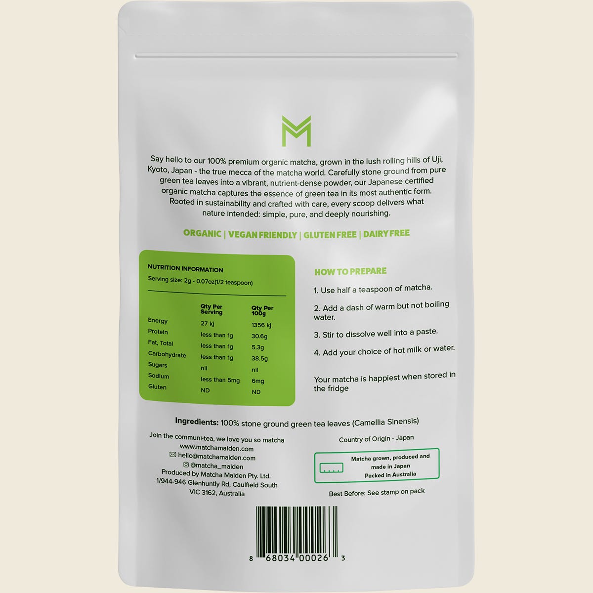 Matcha Maiden Organic Matcha Powder 28.35g back