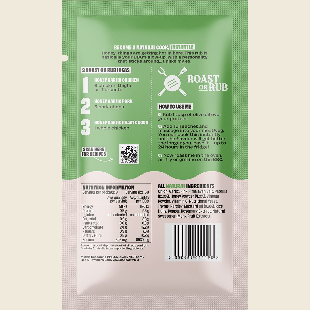 Mingle Honey Garlic BBQ Rub back of pack