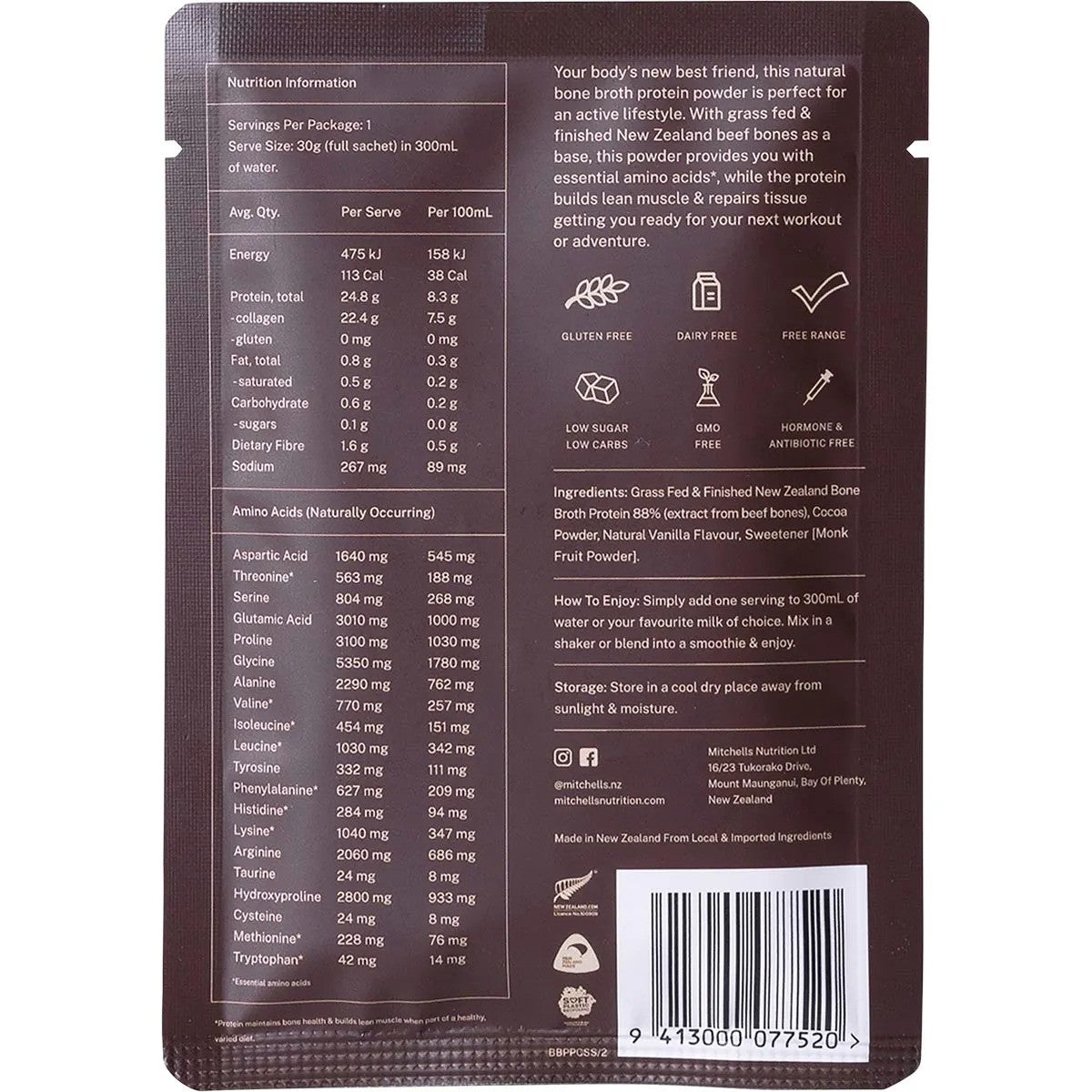 Mitchells Nutrition Bone Broth Protein Powder Chocolate 30g