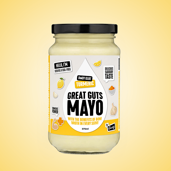 Gevity Rx Great Guts Mayo Turmeric 375ml jar on yellow background