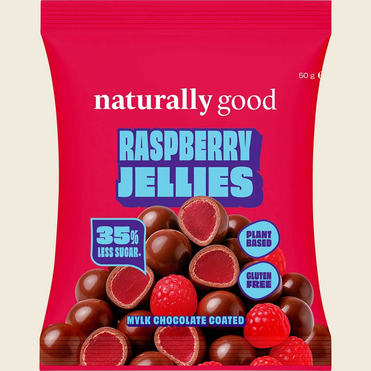 Naturally Good Mylk Choc Coated Raspberry Jellies 50g