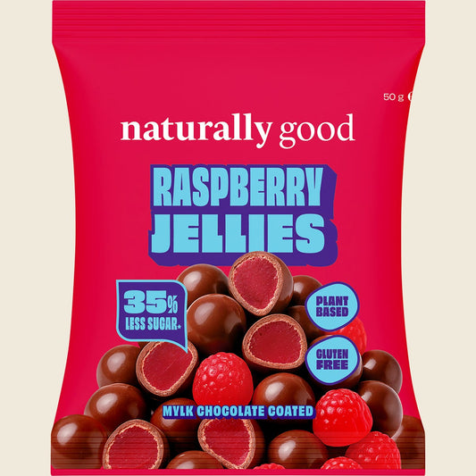 Naturally Good Mylk Choc Coated Raspberry Jellies 50g