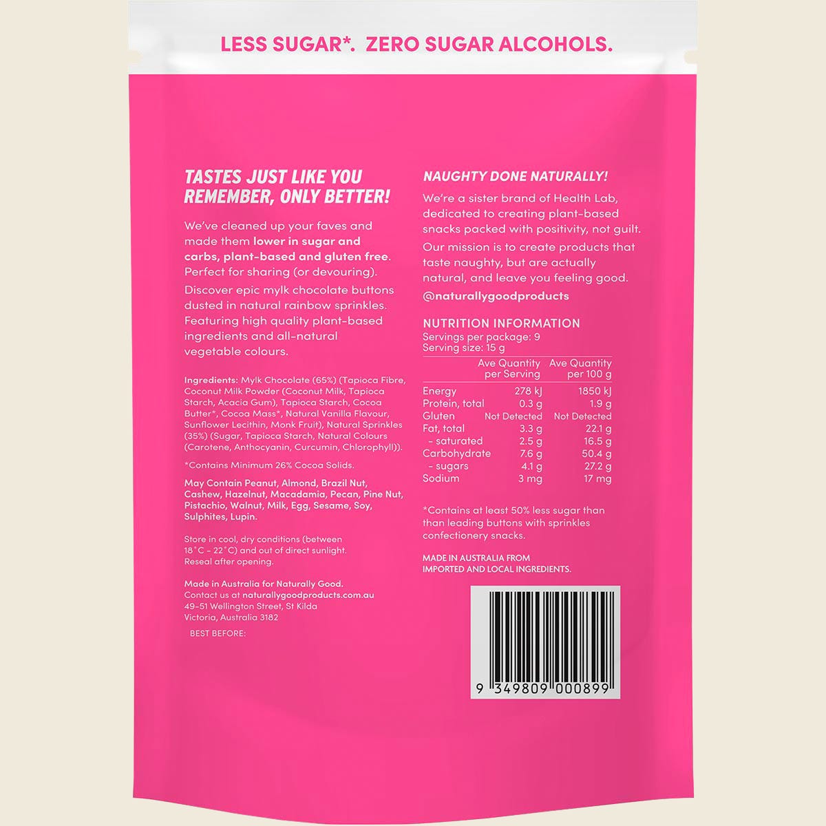 Naturally Good Mylk Zillions 135g back of pack with ingredients and nutrition
