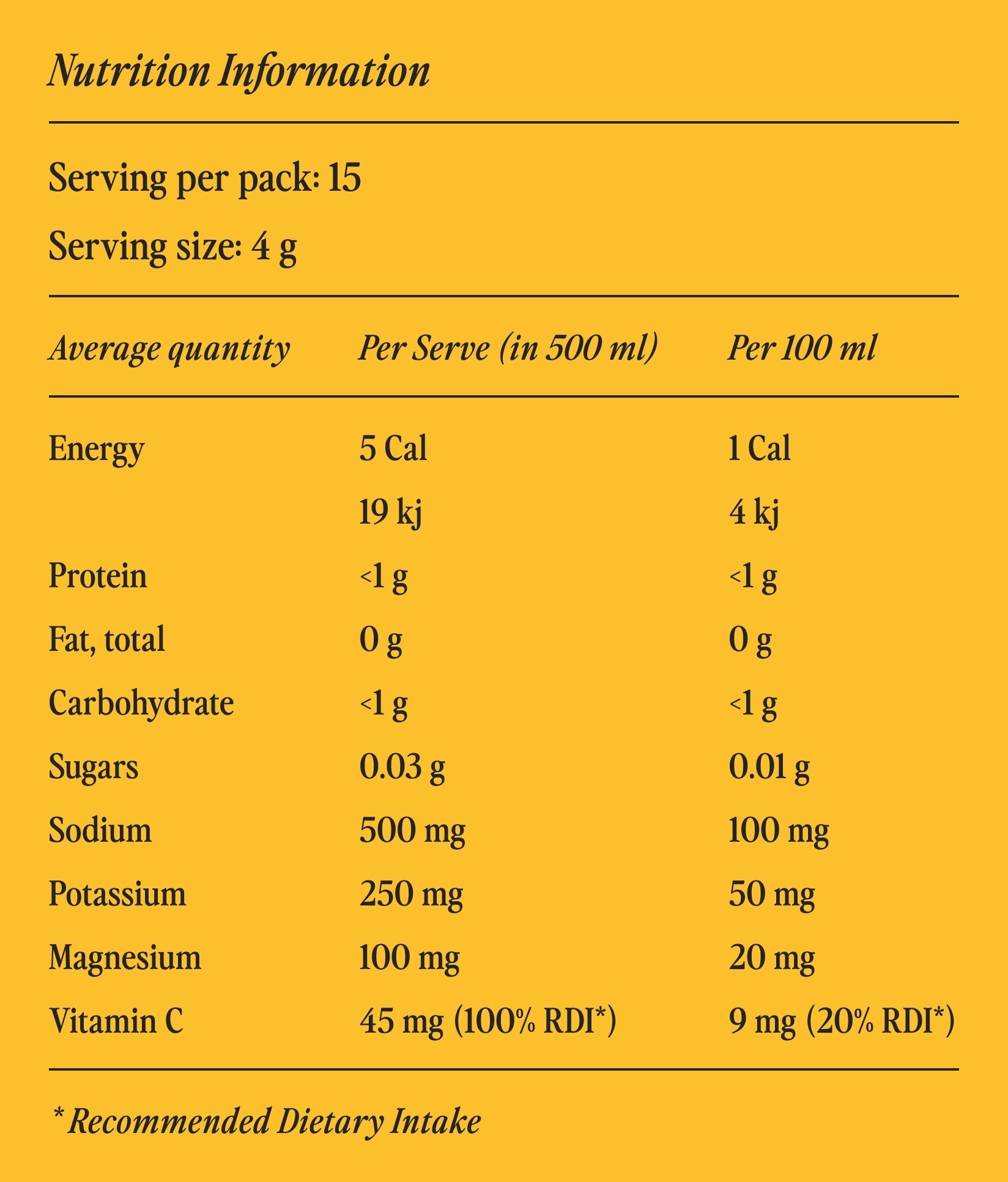 Hyro Orange Mango nutrition information panel