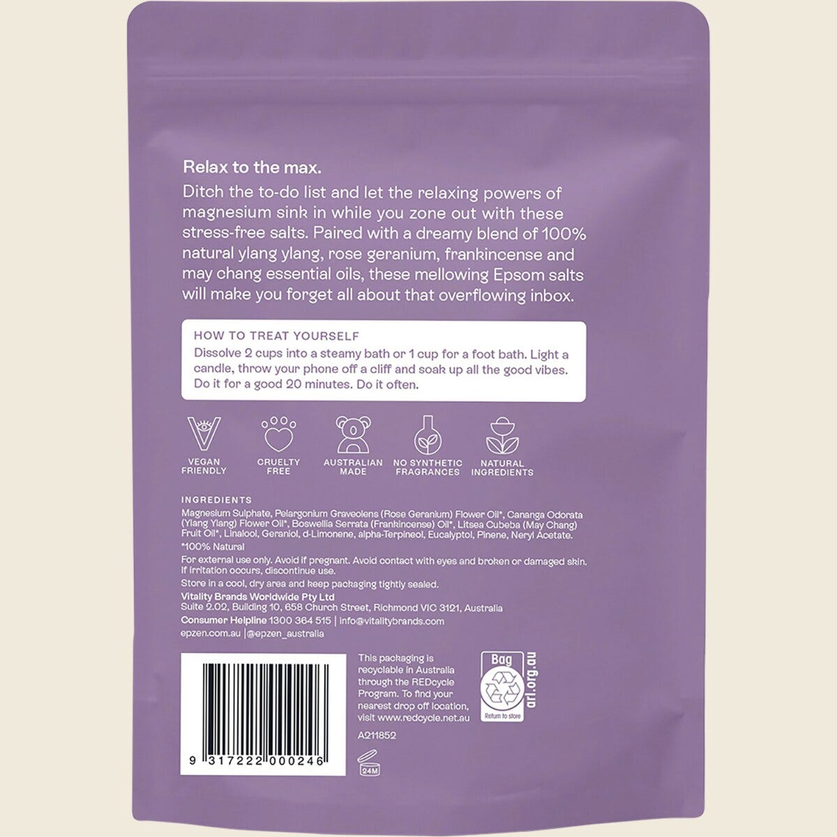 Epzen Magnesium Epsom Salts Relax 900g ingredients and directions