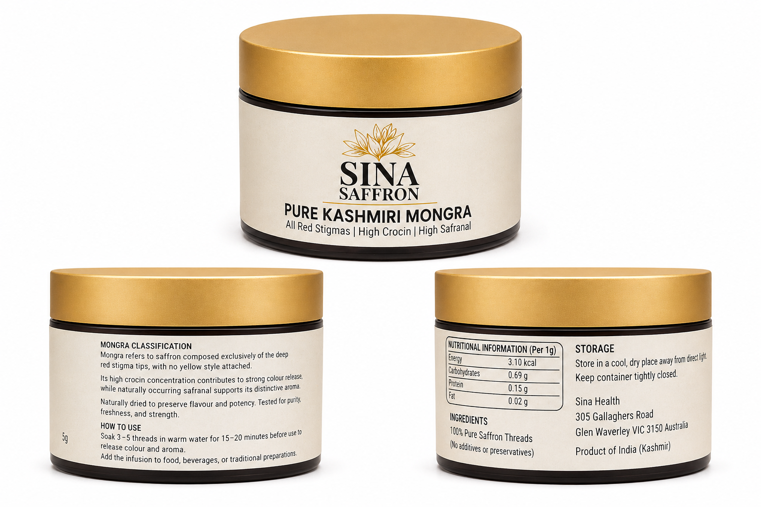 Sina Saffron jar front, ingredients and nutrition labels