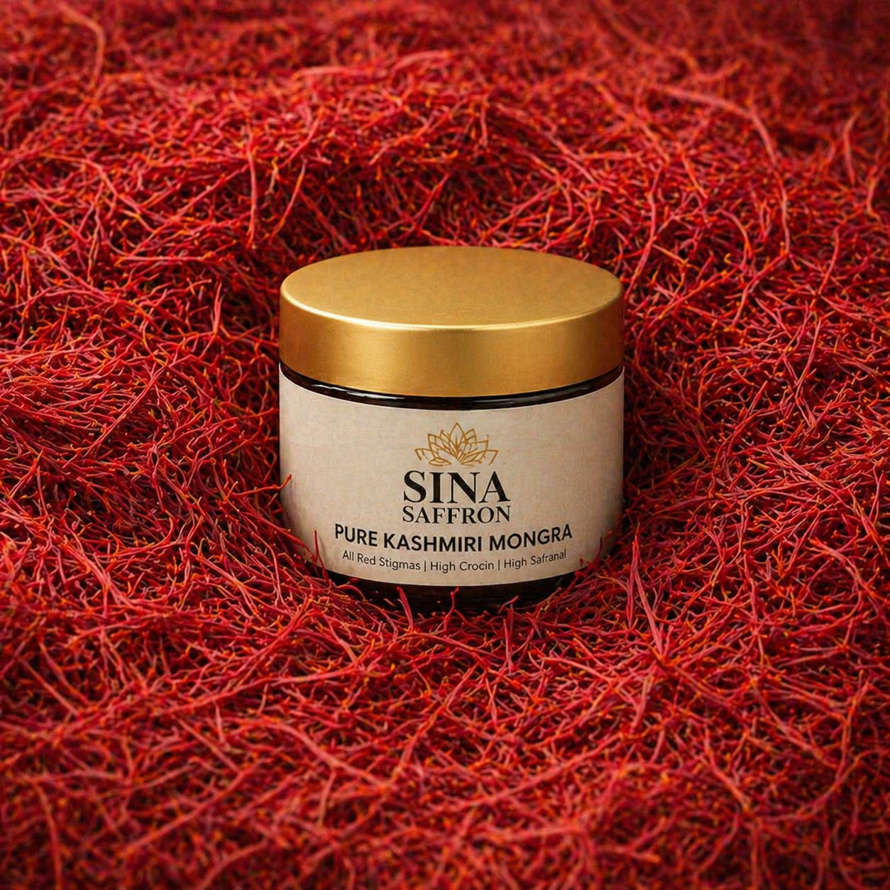 Sina Saffron jar on a bed of saffron threads