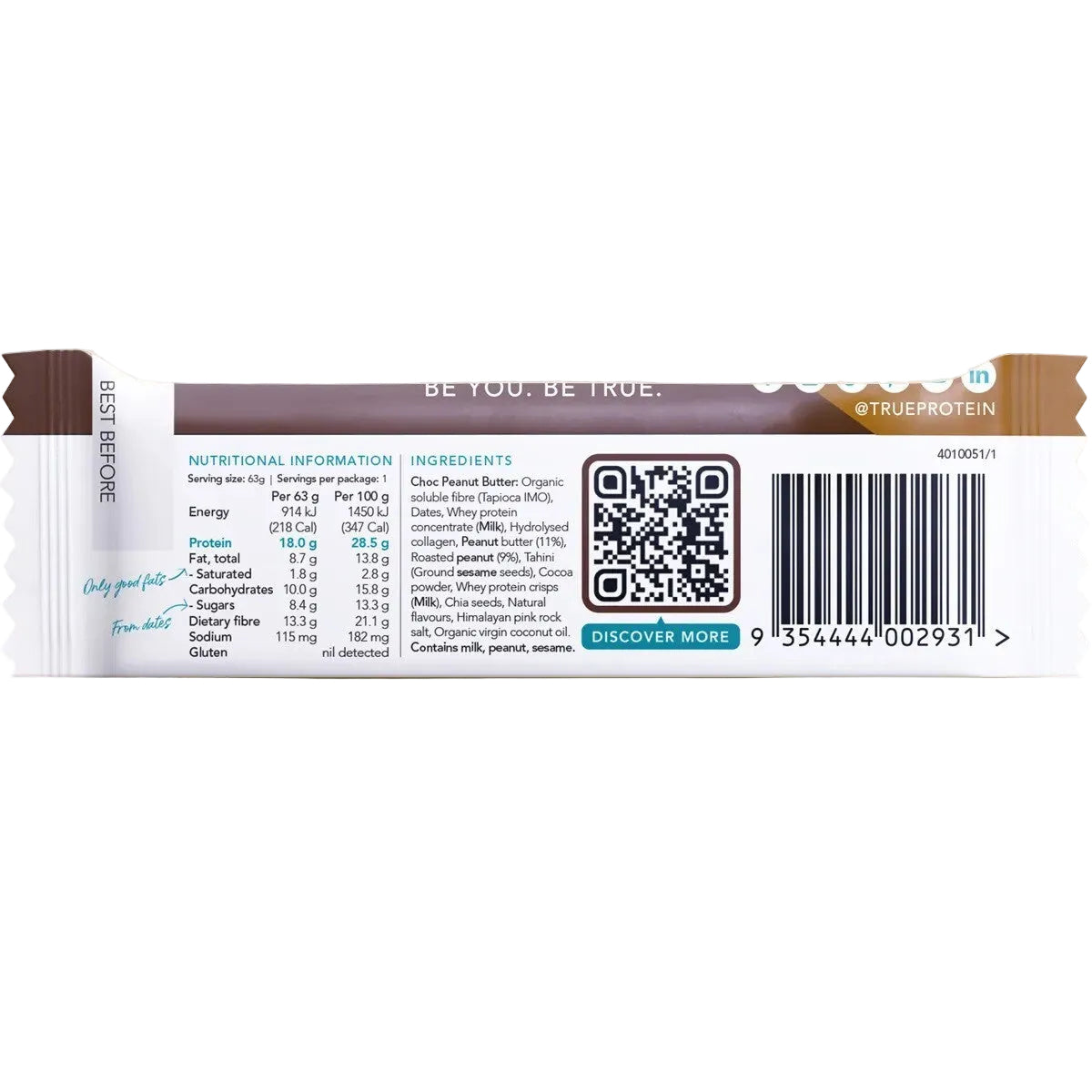 True Protein Protein Bar Choc Peanut Butter 63g