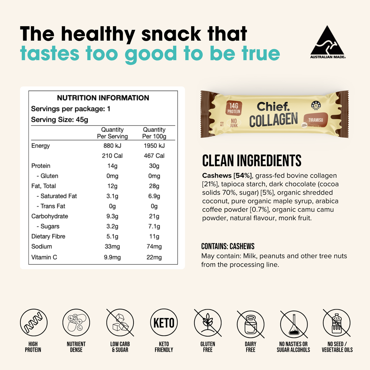 Chief Collagen Protein Bar Tiramisu nutrition information and ingredients
