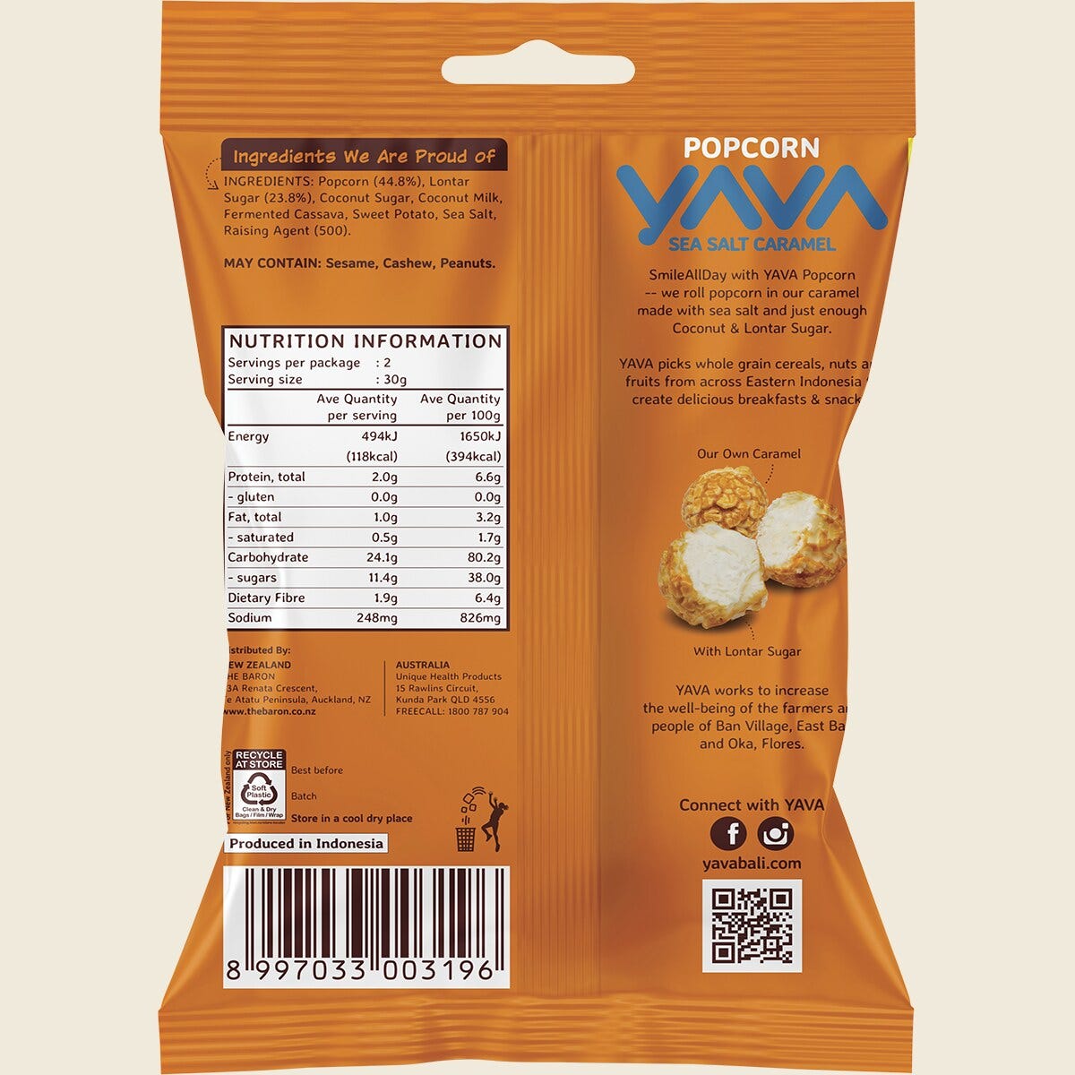 Yava Popcorn Sea Salt Caramel 60g back of pack