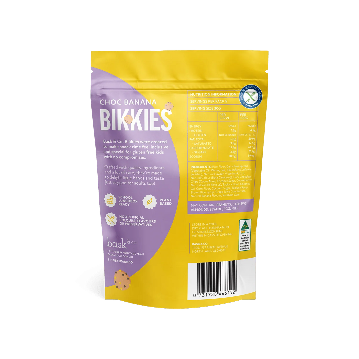Bask & Co Gluten Free Bikkies Choc Banana 150g
