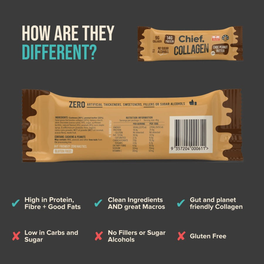 Chief. Collagen Protein Bar Choc Peanut Butter 45g