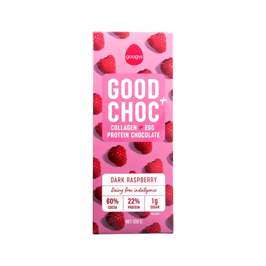 Googys Good + Choc Collagen + Egg Protein Chocolate Dark Raspberry 100g