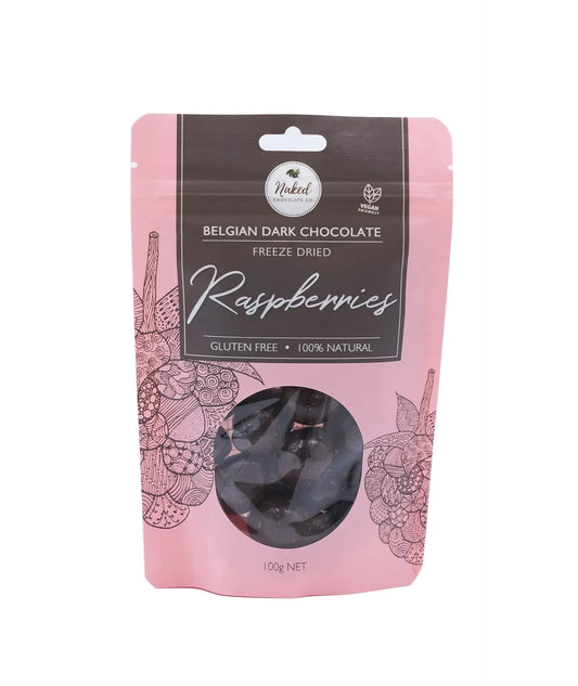 Naked Chocolate Co Freeze Dried Raspberries Dark Choc 100g