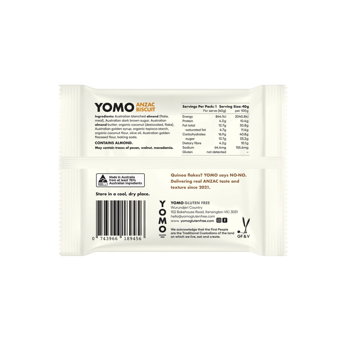 Yomo Anzac Biscuit 40g pack back with ingredients and nutrition panel